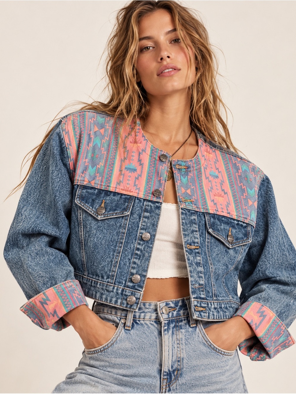 Vintage Nuovo Denim Jacket M Acid Wash Southwestern Aztec Cropped Western